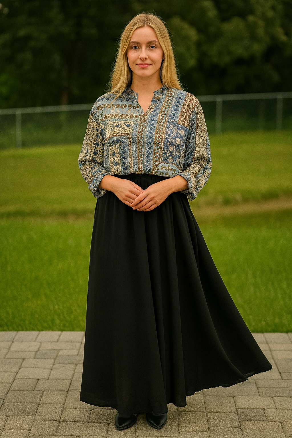 Vintage Print Shirt with Black Maxi Skirt – Modest & Elegant Outfit