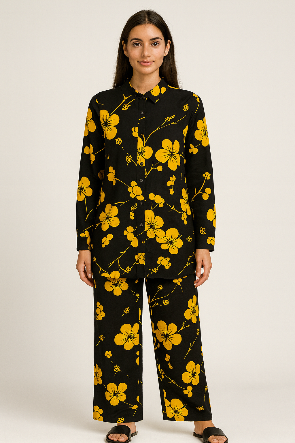 Black & Yellow Floral Long Shirt – Bold Statement Wear