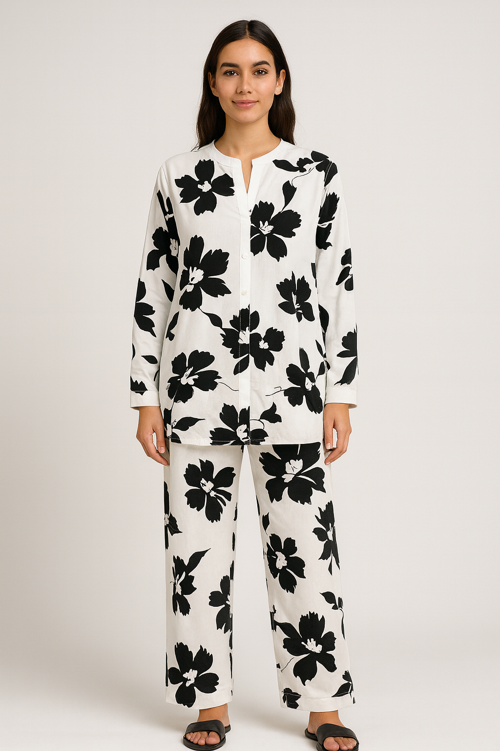 Black & White Floral Co-Ord Set – Elegant Two Piece Outfit