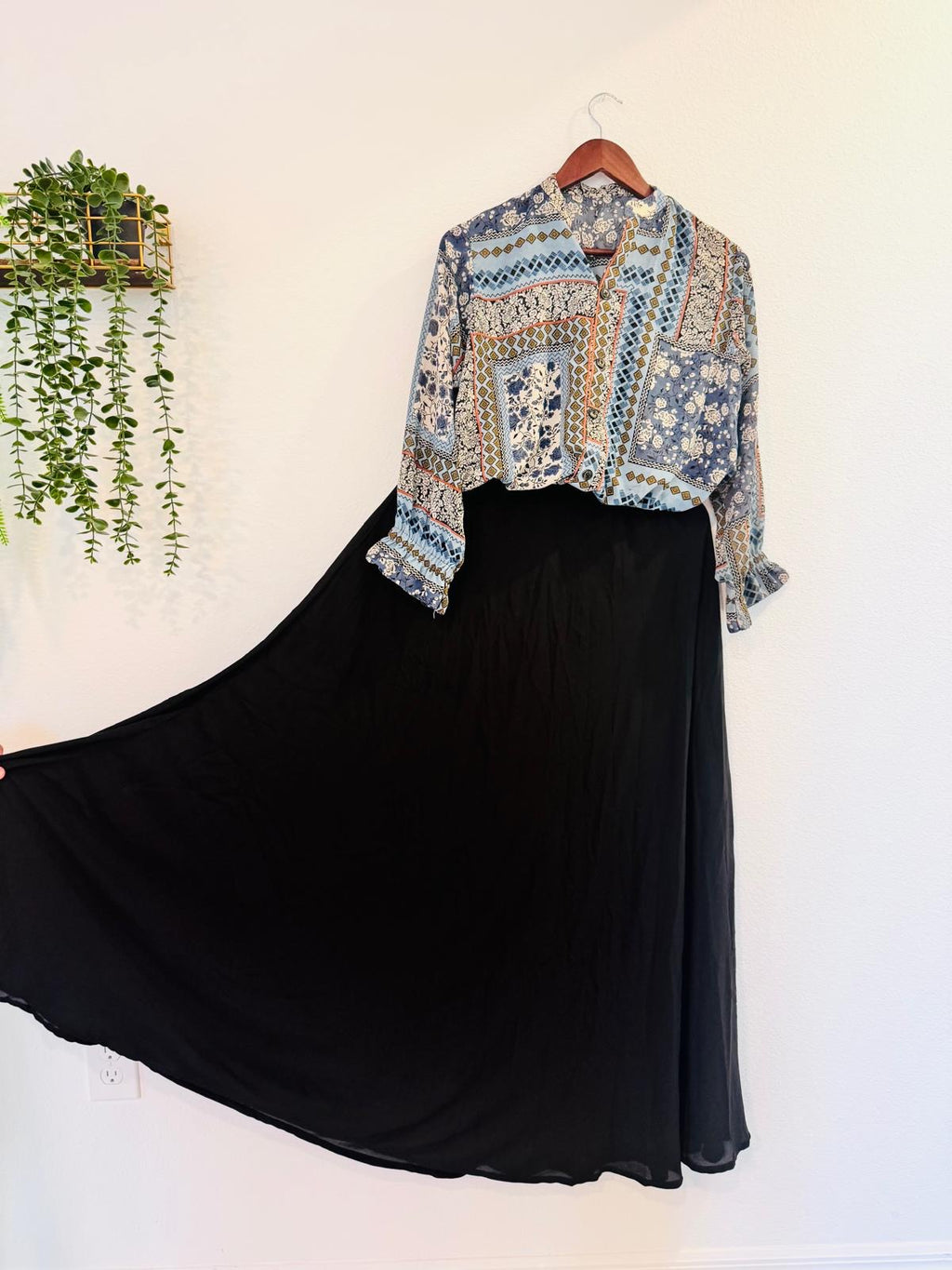 Vintage Print Shirt with Black Maxi Skirt – Modest & Elegant Outfit