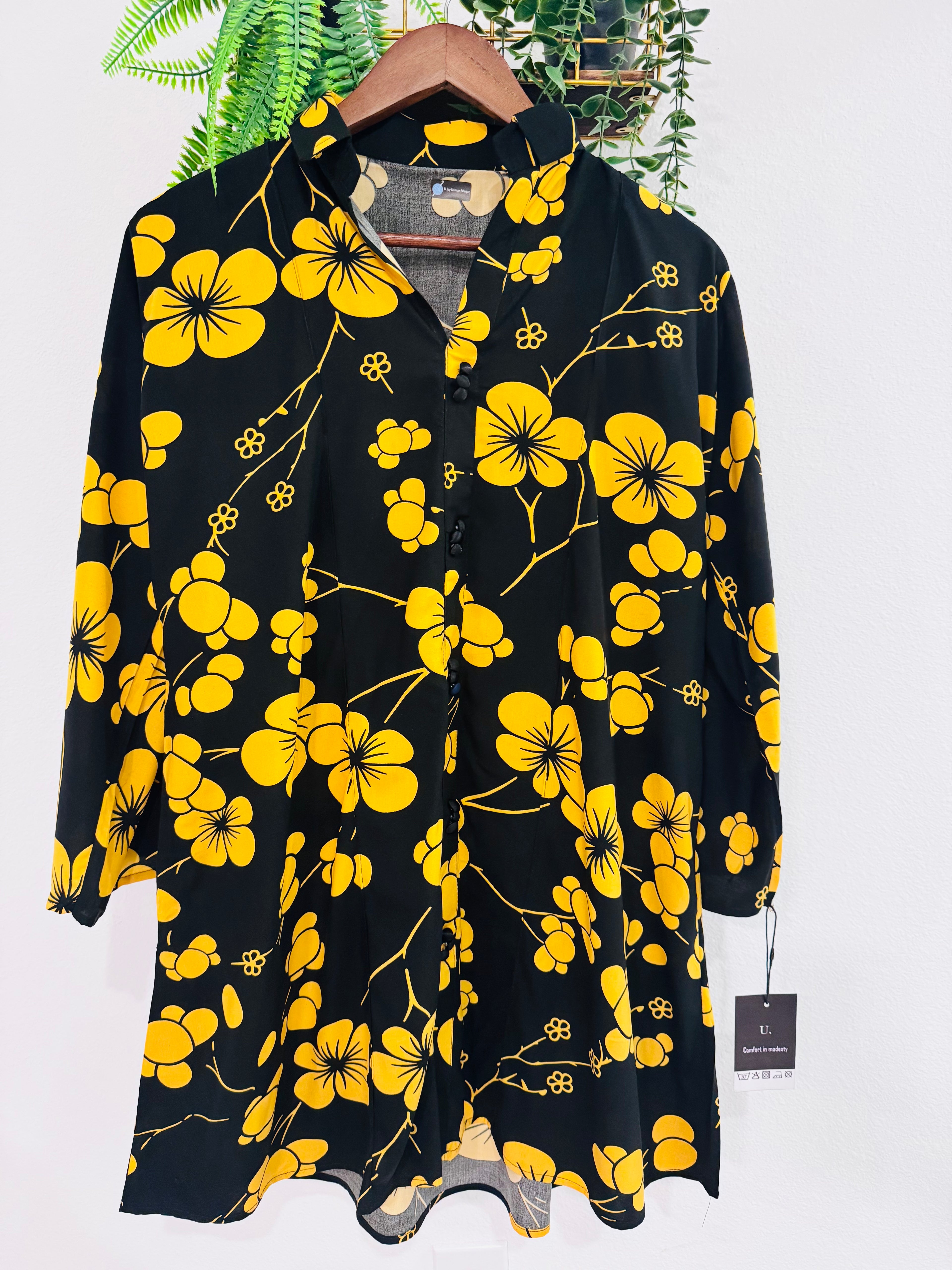 Black & Yellow Floral Long Shirt – Bold Statement Wear