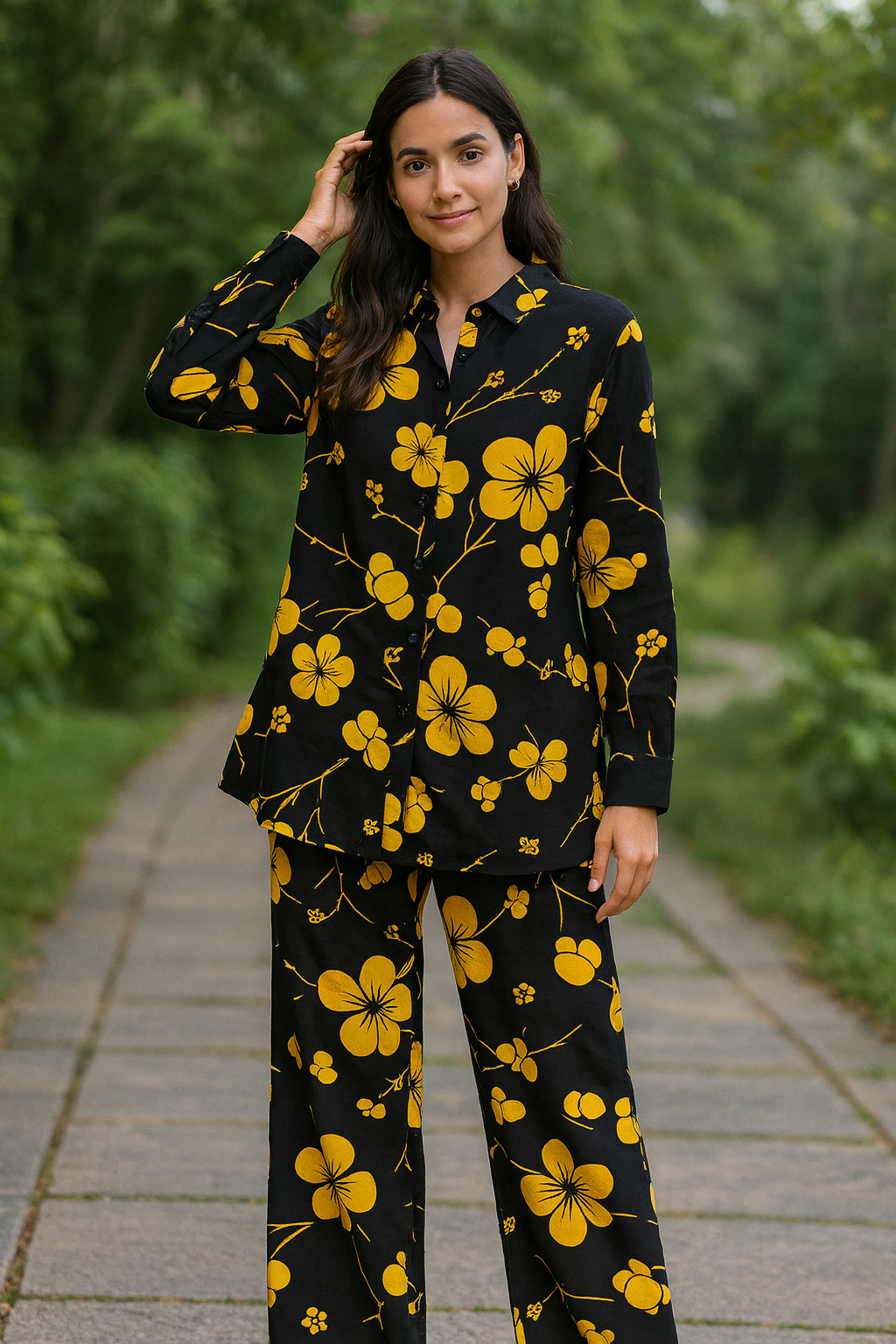 Black & Yellow Floral Long Shirt – Bold Statement Wear