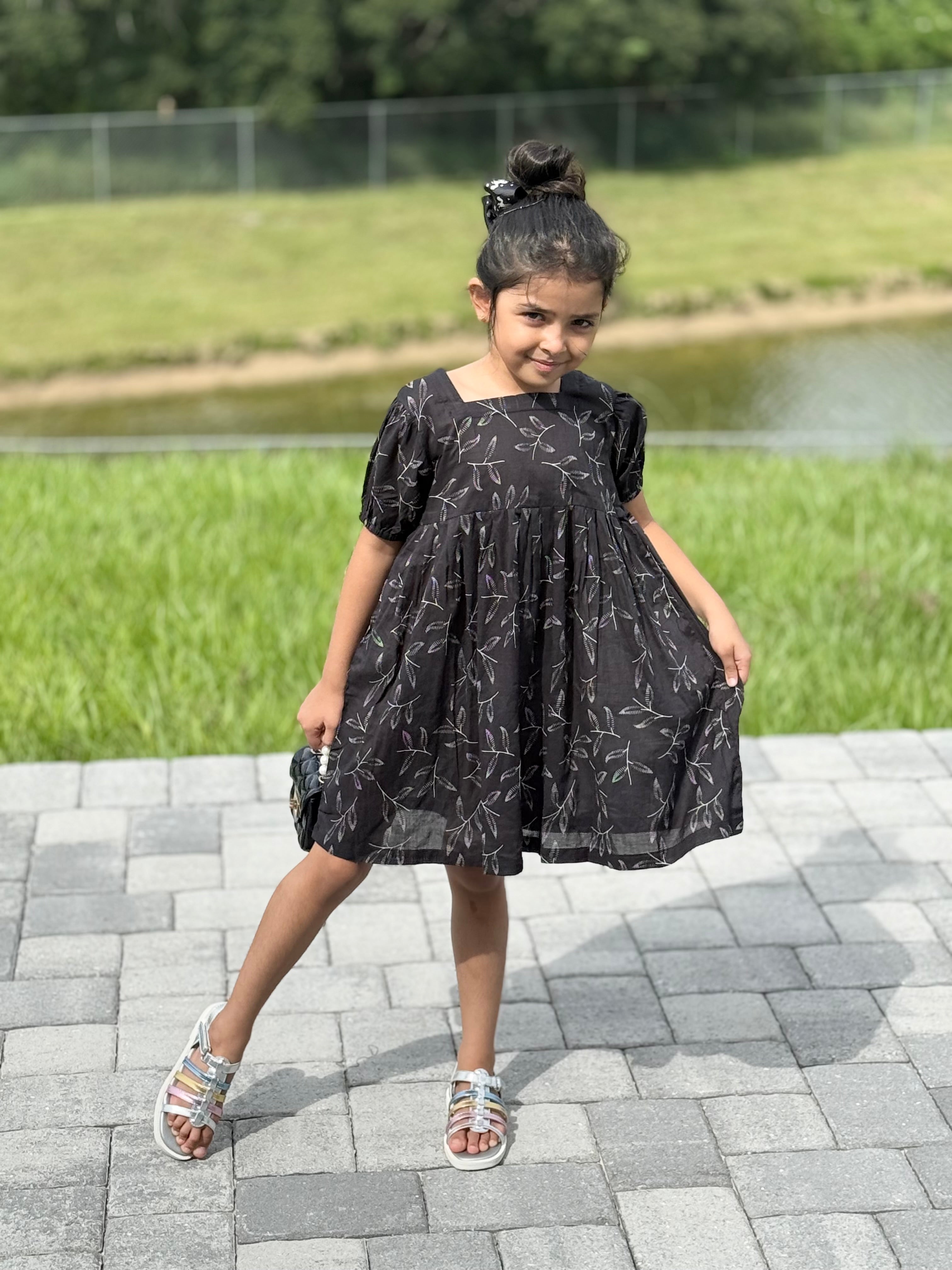 Girls’ Black Puff-Sleeve Embroidered Frock – U. by Usman Waqar Kids