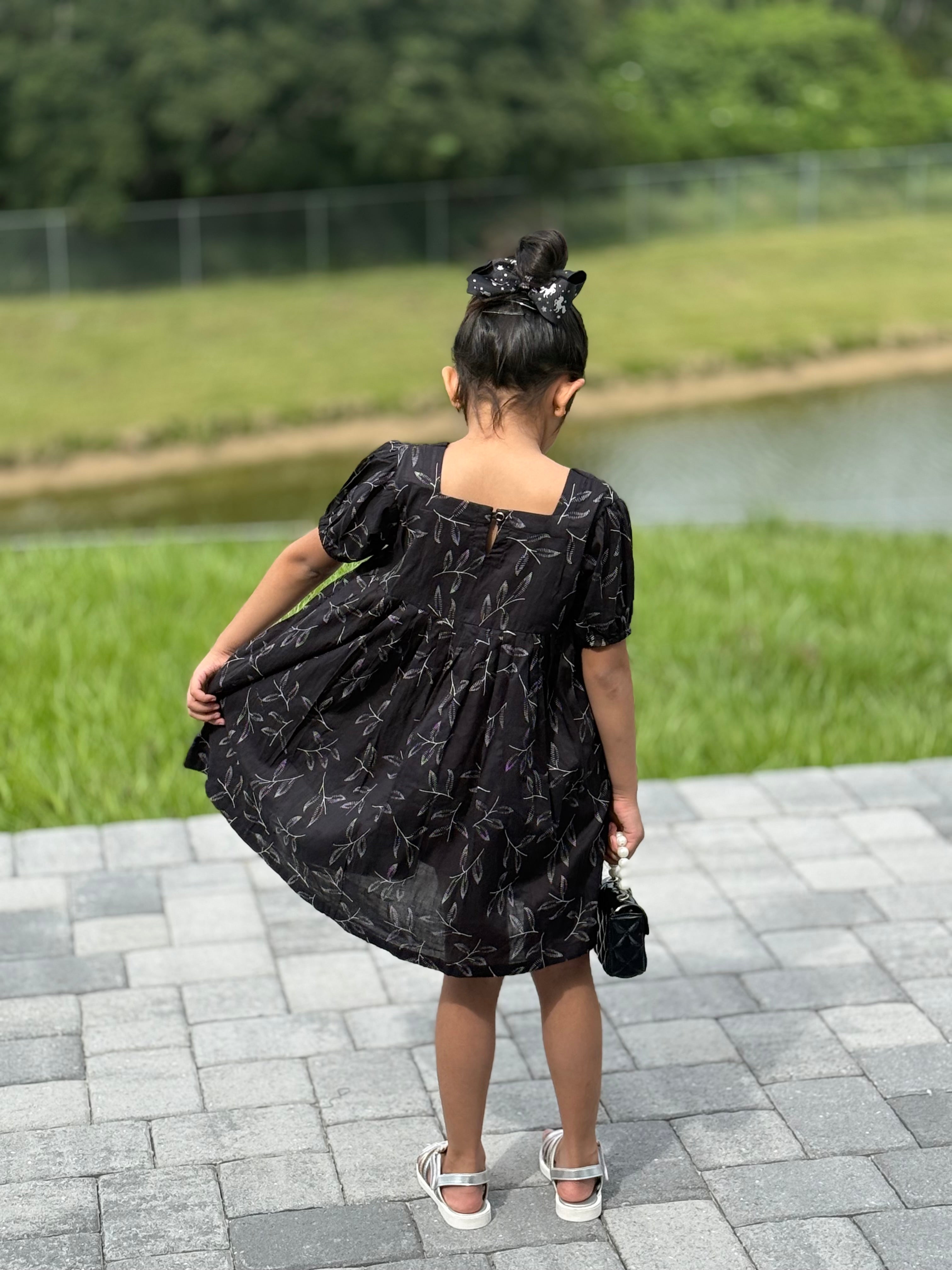 Girls’ Black Puff-Sleeve Embroidered Frock – U. by Usman Waqar Kids