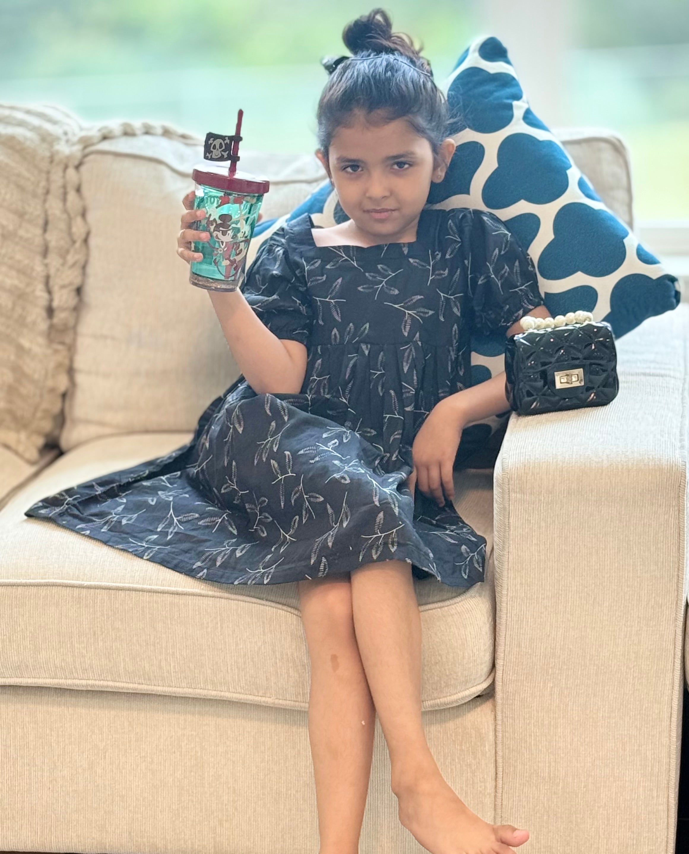 Girls’ Black Puff-Sleeve Embroidered Frock – U. by Usman Waqar Kids