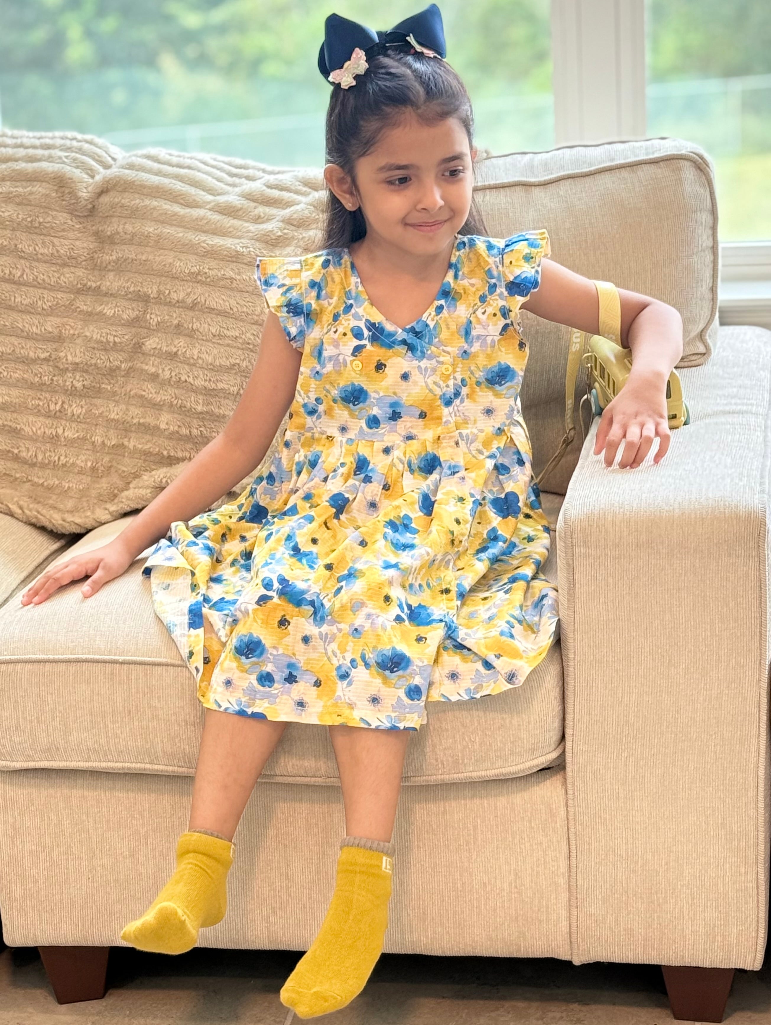 Girls’ Yellow & Blue Floral Summer Frock – U. by Usman Waqar Kids