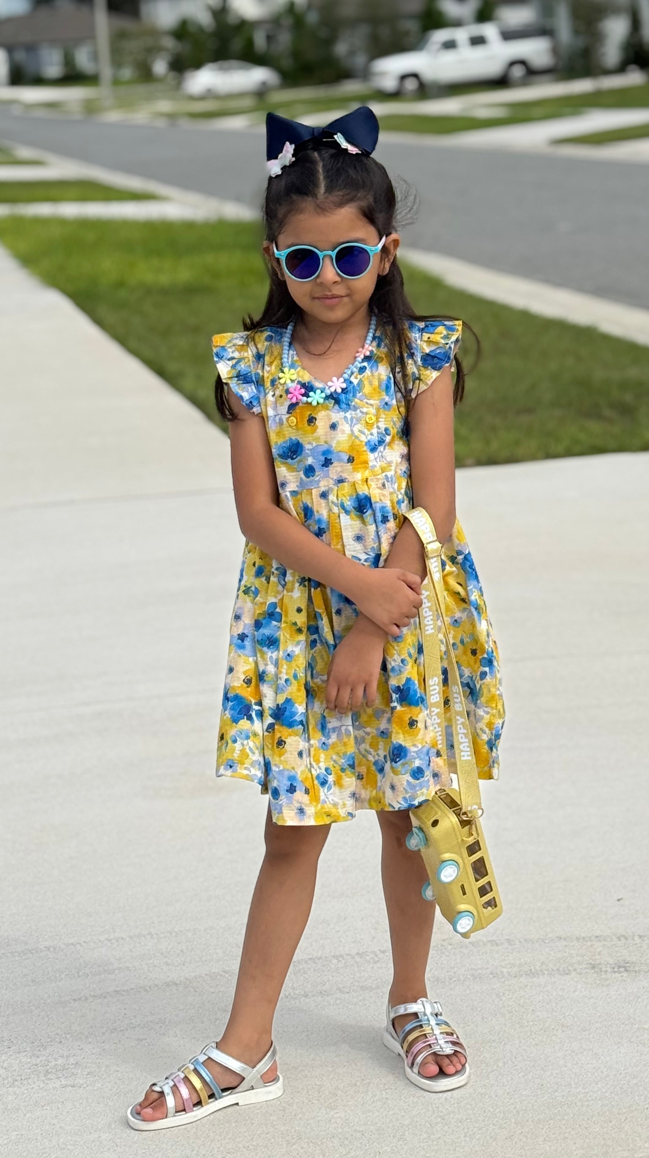Girls’ Yellow & Blue Floral Summer Frock – U. by Usman Waqar Kids