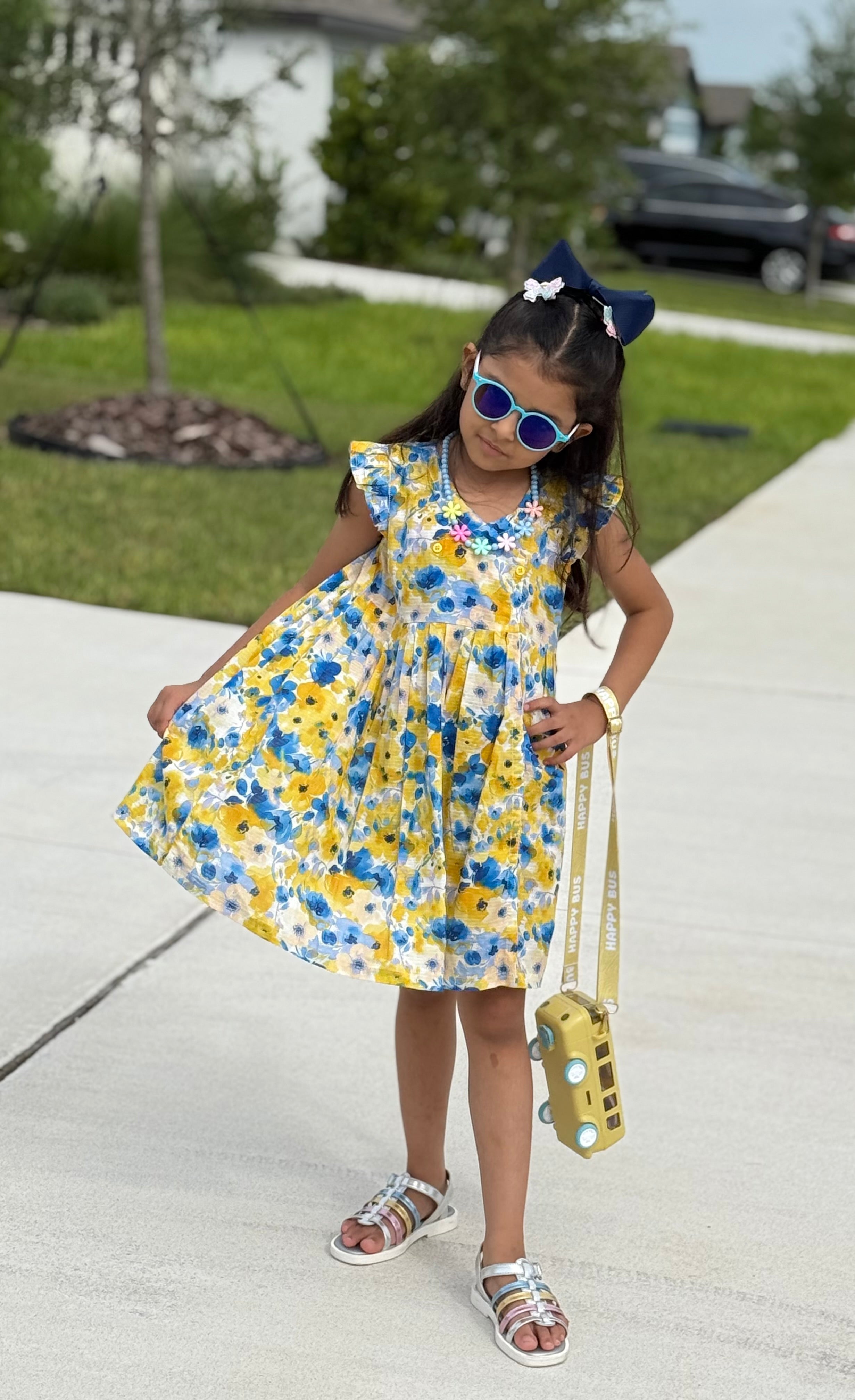 Girls’ Yellow & Blue Floral Summer Frock – U. by Usman Waqar Kids