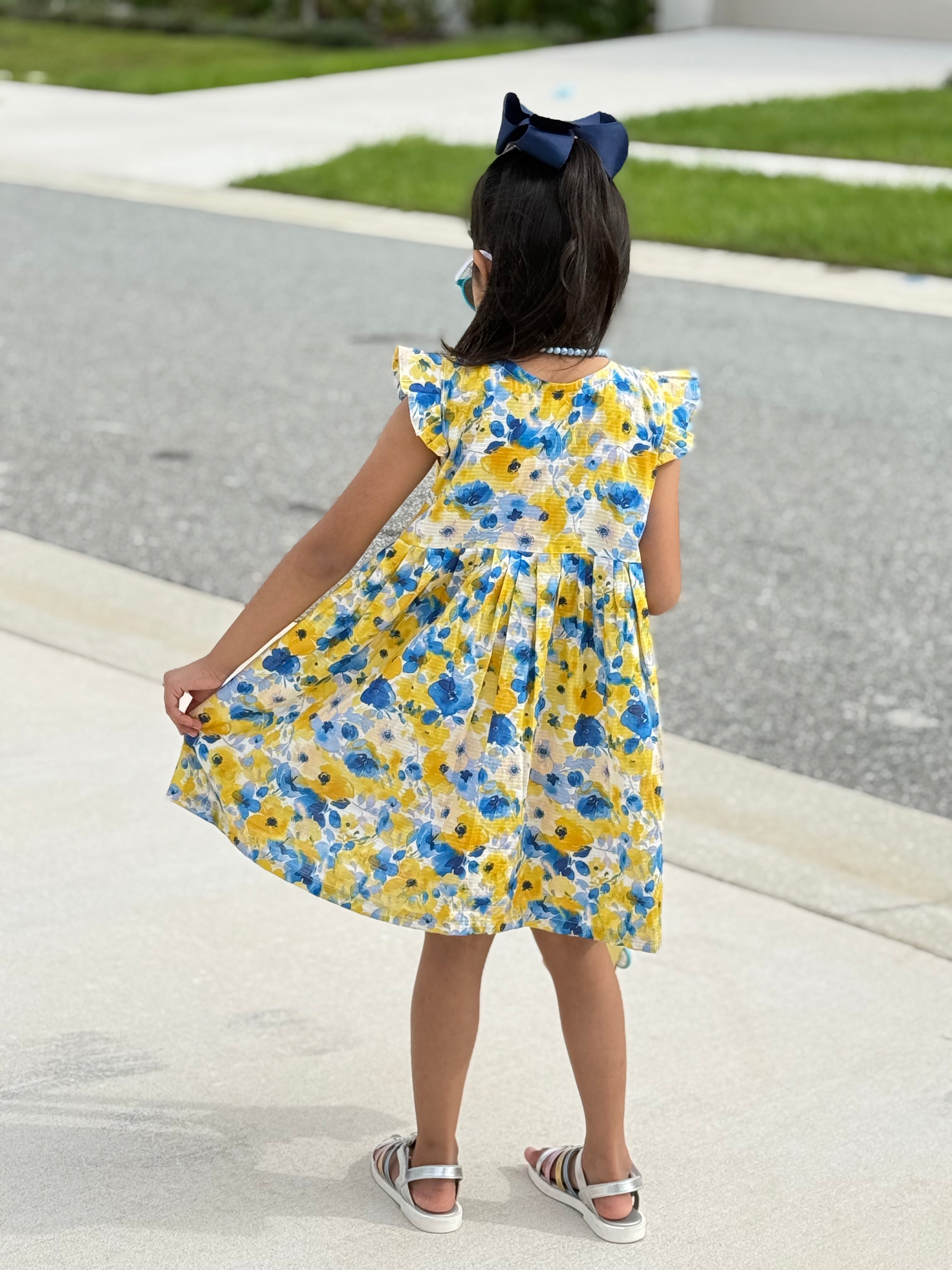 Girls’ Yellow & Blue Floral Summer Frock – U. by Usman Waqar Kids