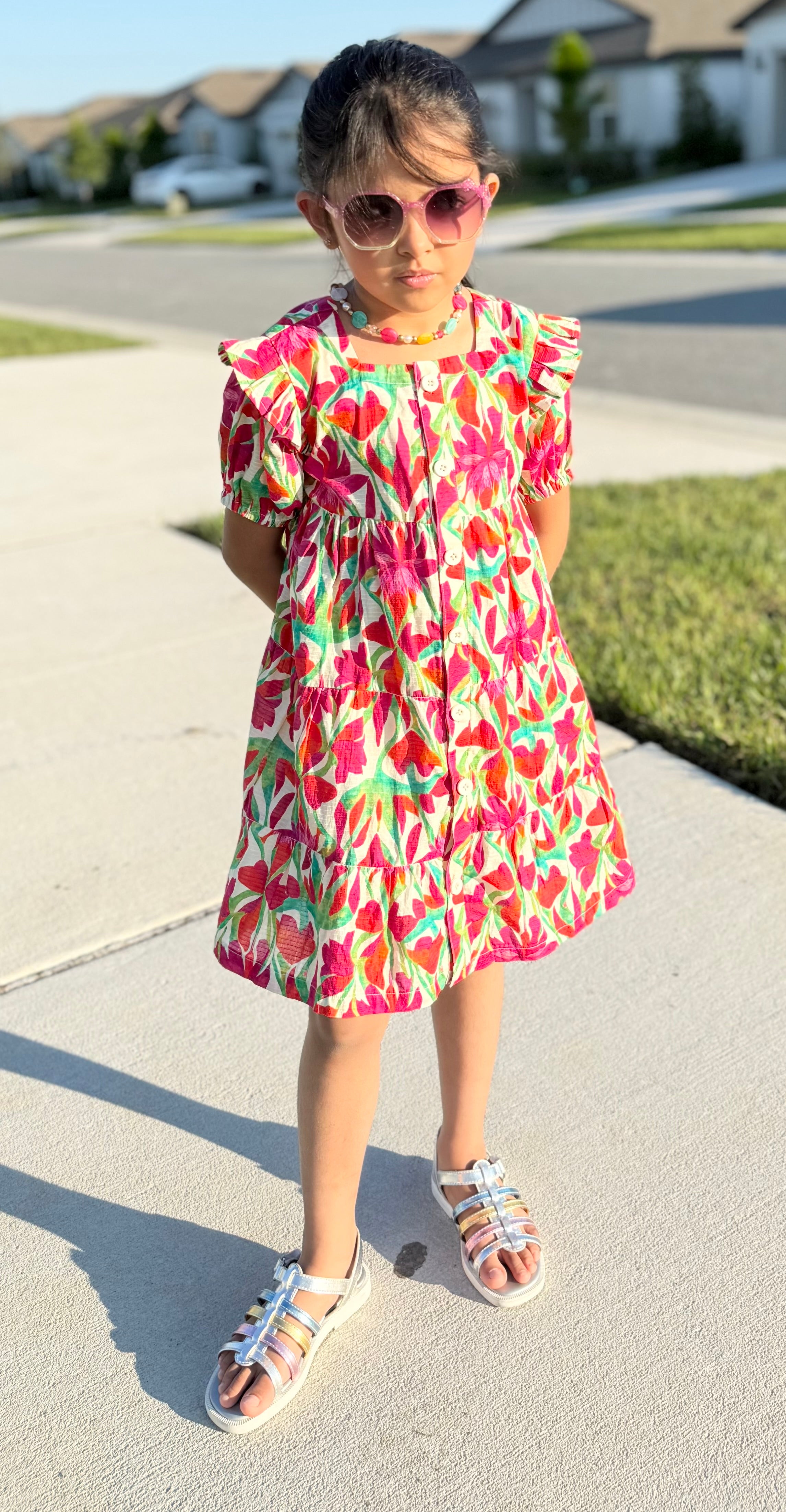 Girls’ Colorful Button-Down Floral Frock – U. by Usman Waqar Kids