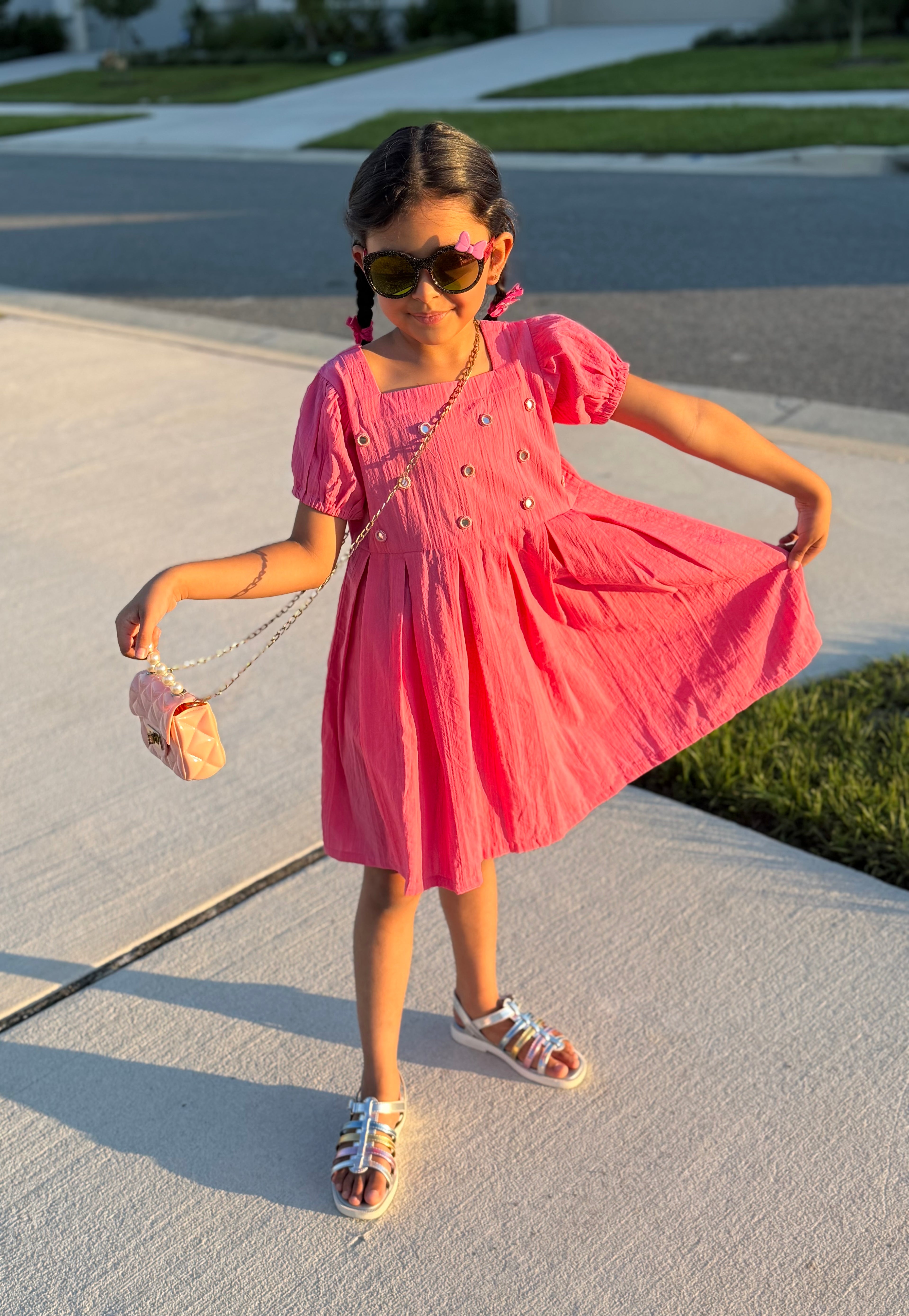 Girls’ Pink Puff-Sleeve Frock with Embellished Front – U. by Usman Waqar Kids