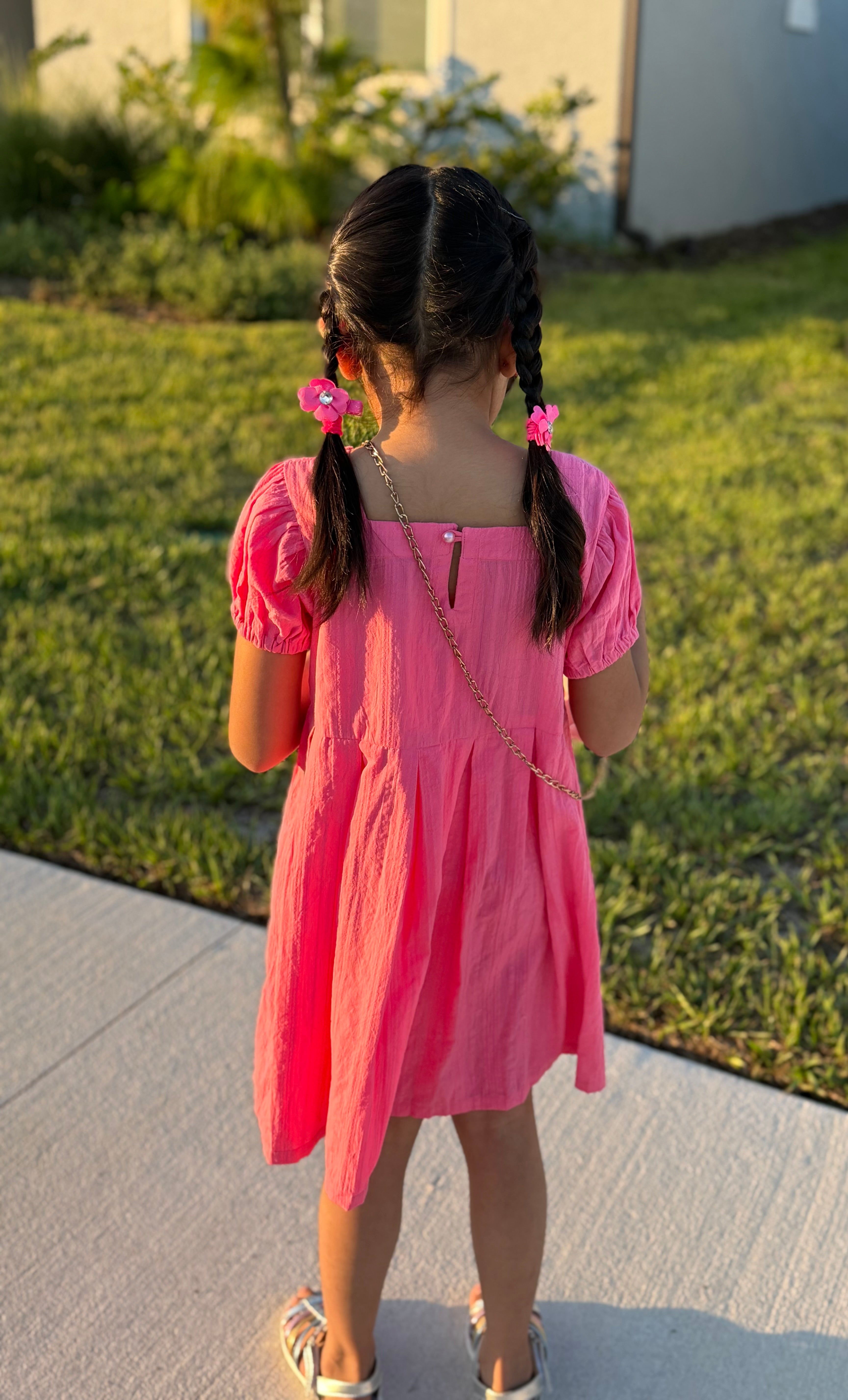 Girls’ Pink Puff-Sleeve Frock with Embellished Front – U. by Usman Waqar Kids