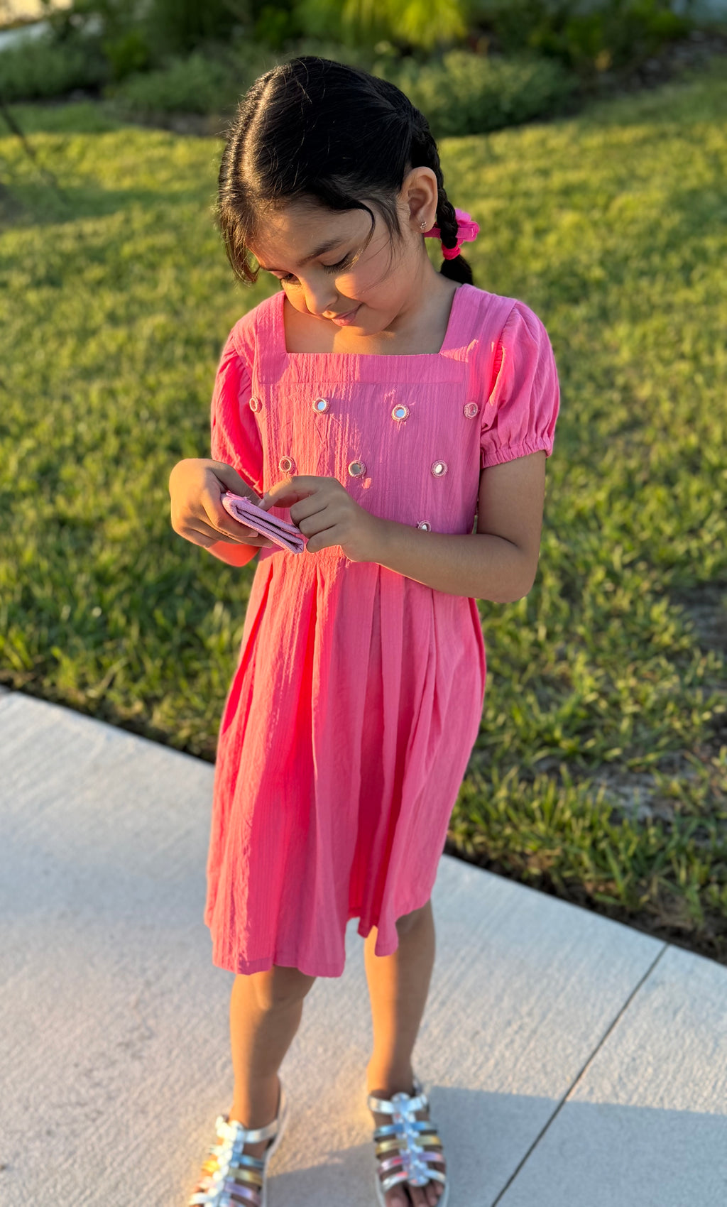 Girls’ Pink Puff-Sleeve Frock with Embellished Front – U. by Usman Waqar Kids