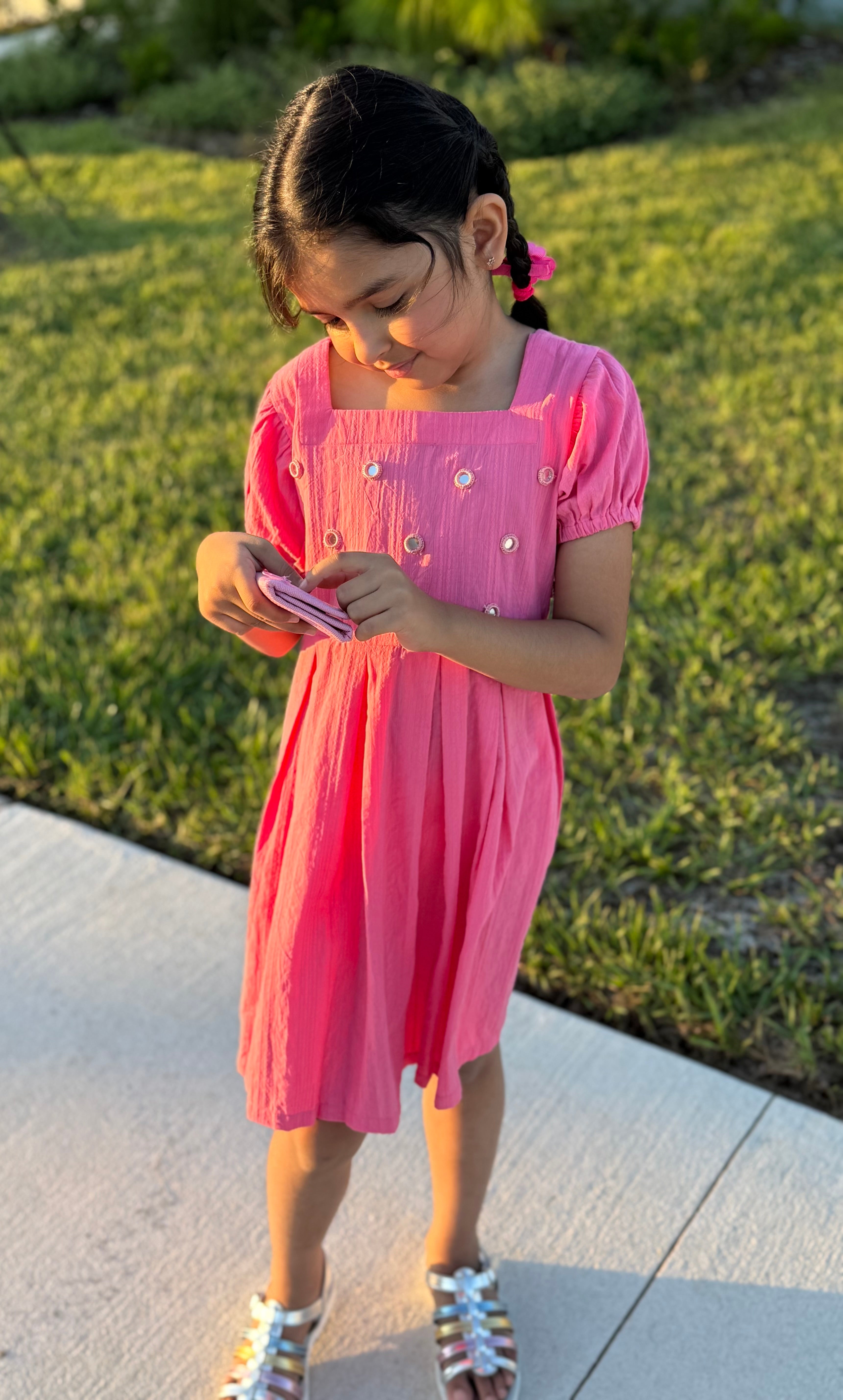 Girls’ Pink Puff-Sleeve Frock with Embellished Front – U. by Usman Waqar Kids