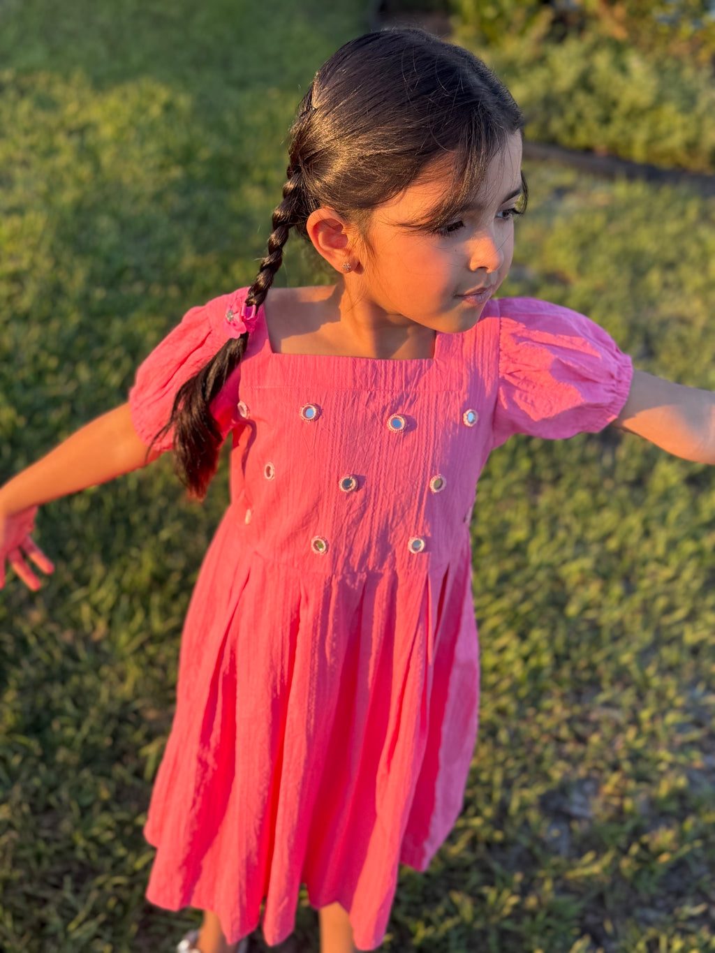 Girls’ Pink Puff-Sleeve Frock with Embellished Front – U. by Usman Waqar Kids