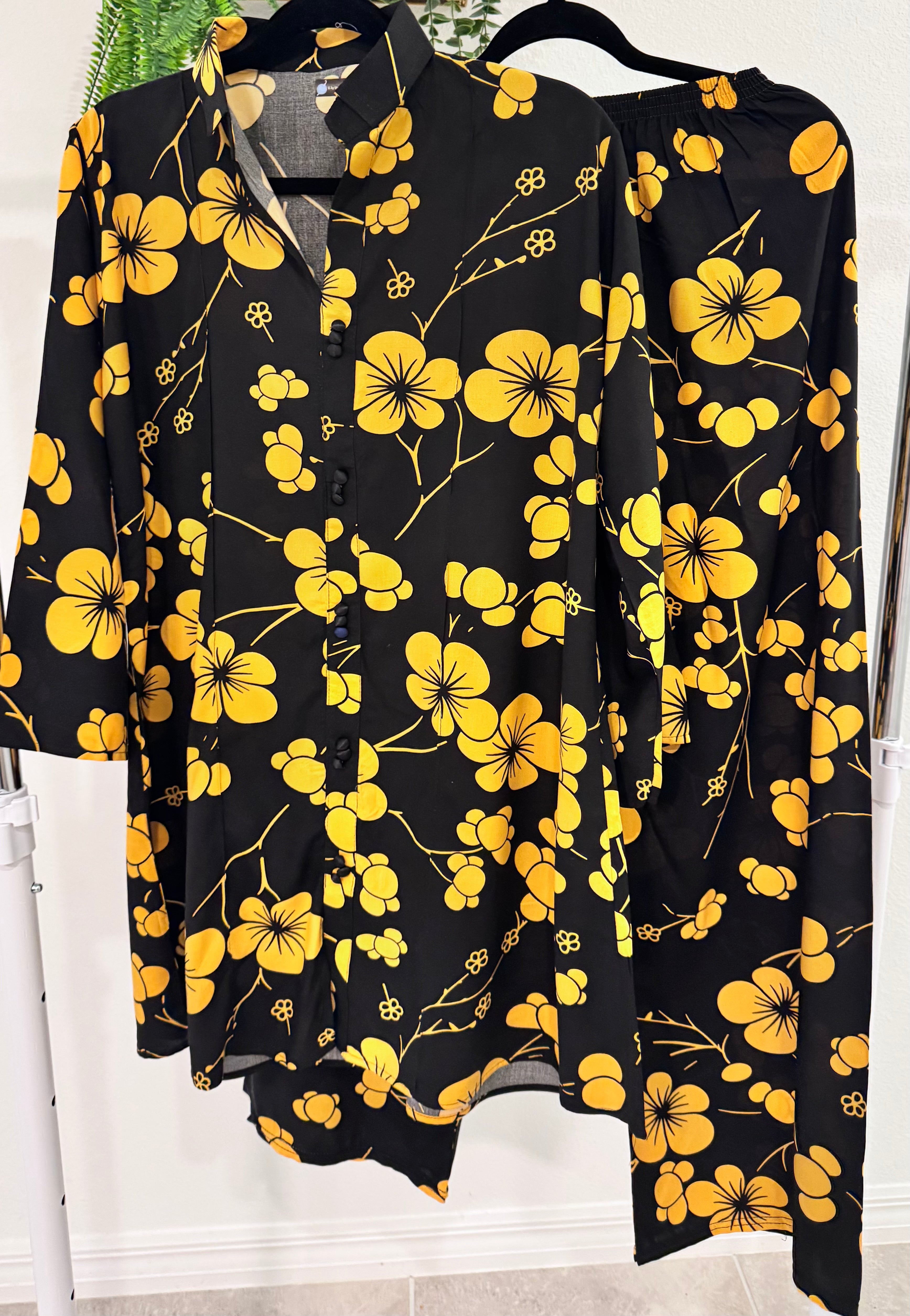 Black & Yellow Floral Long Shirt – Bold Statement Wear