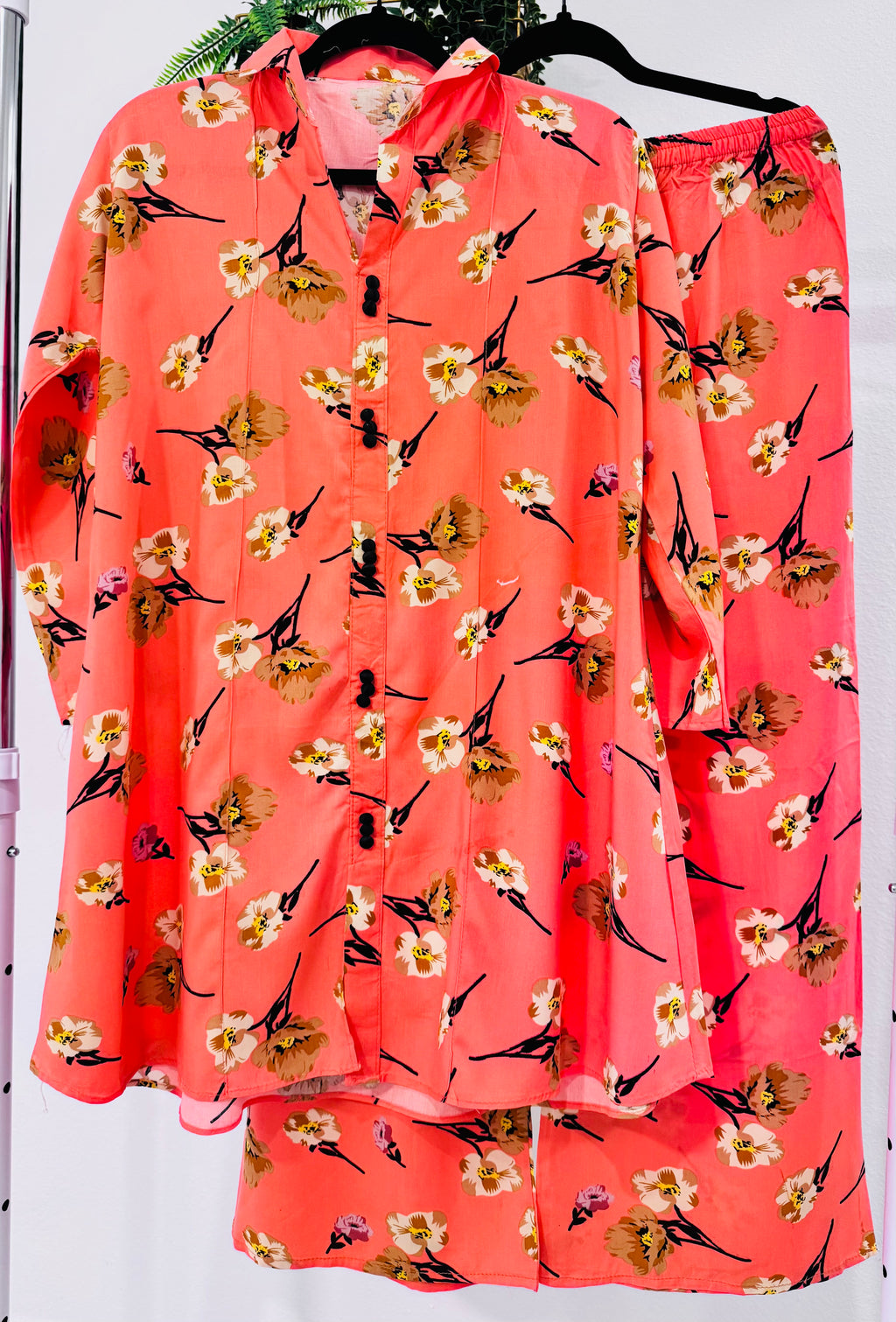 Coral Blossom Floral Co-Ord Set – Vibrant Two-Piece Outfit