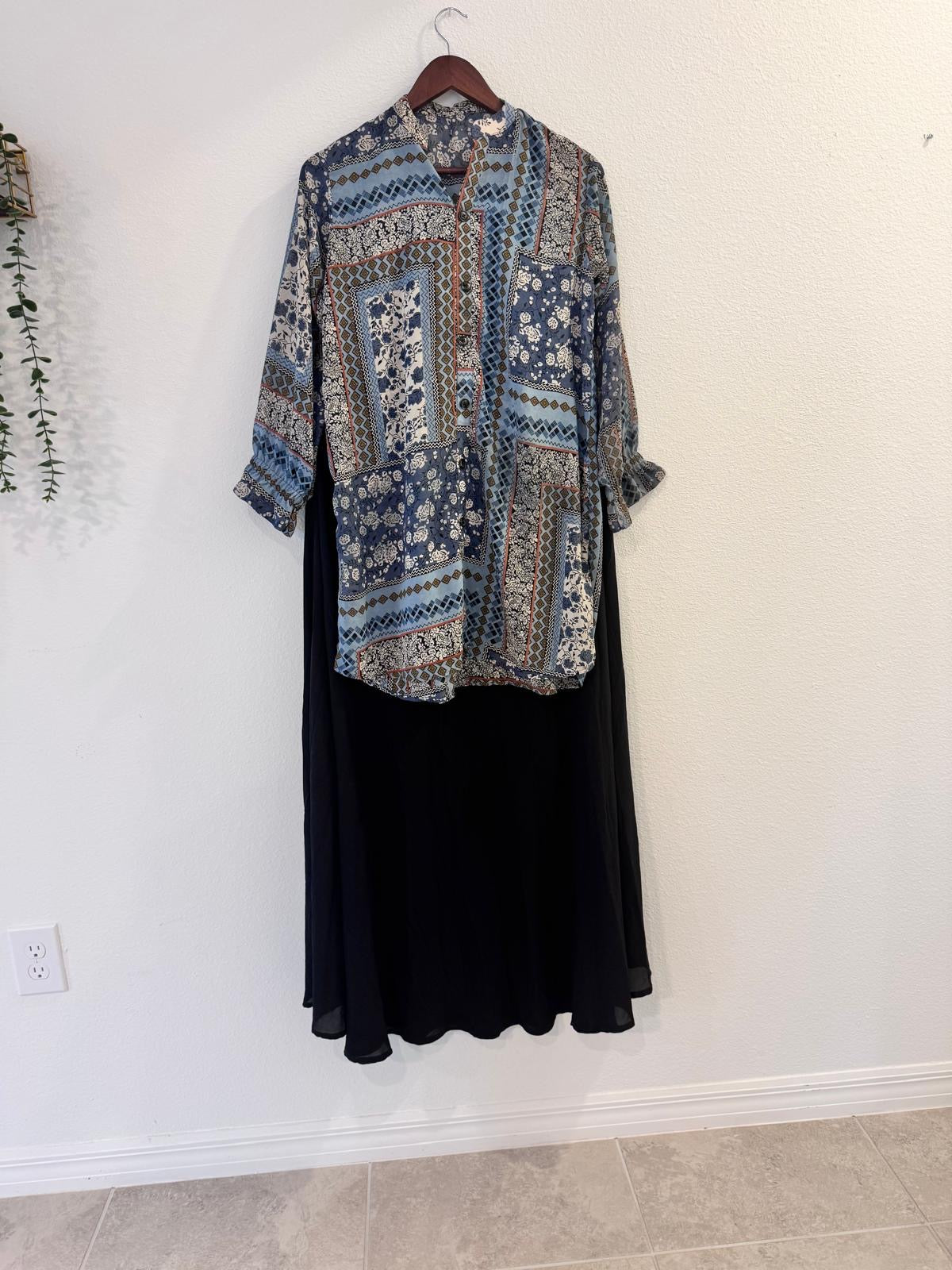 Vintage Print Shirt with Black Maxi Skirt – Modest & Elegant Outfit