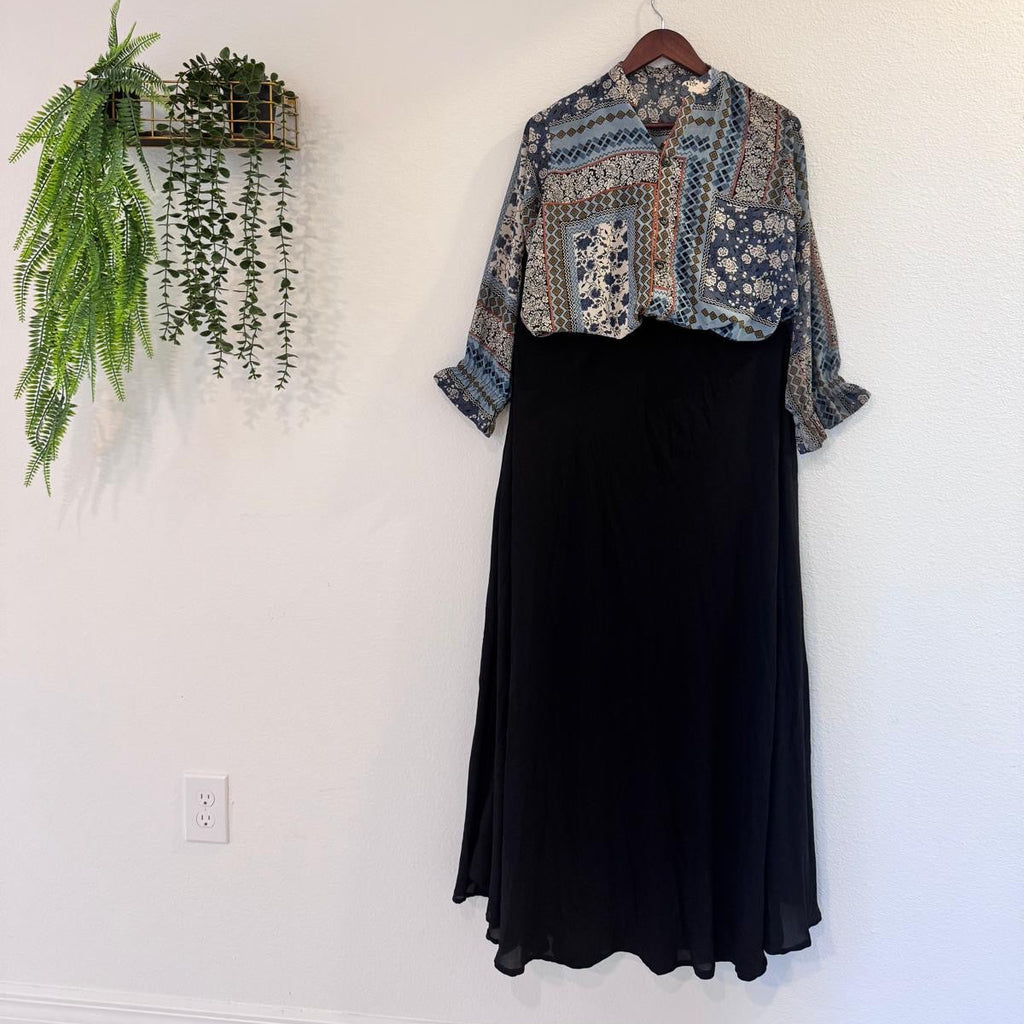 Vintage Print Shirt with Black Maxi Skirt – Modest & Elegant Outfit
