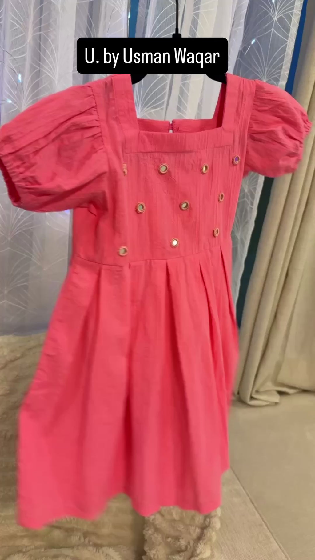 Girls’ Pink Puff-Sleeve Frock with Embellished Front – U. by Usman Waqar Kids